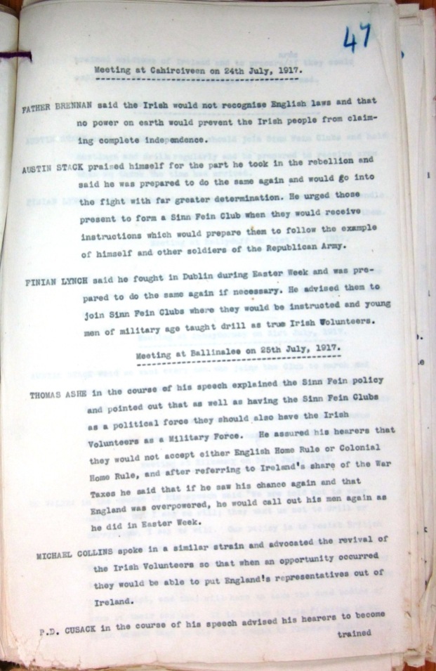 RIC notes on Thomas Ashe speech at Ballinalee 25th July 1917